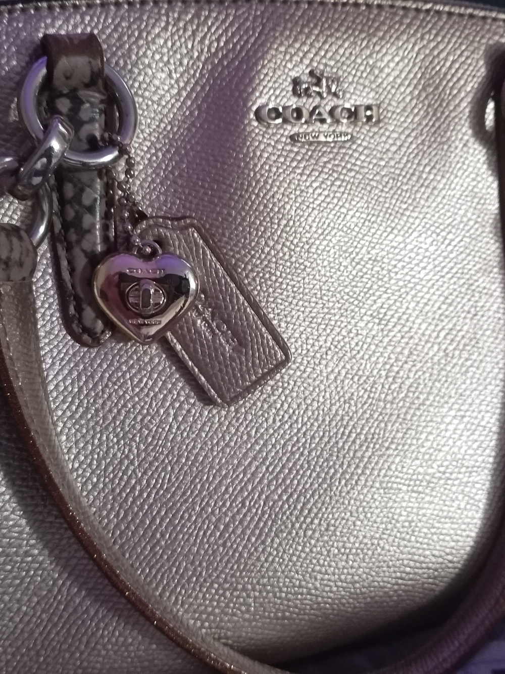 Coach Metallic Silver Saffiano Shoulder Bag with Heart Charm